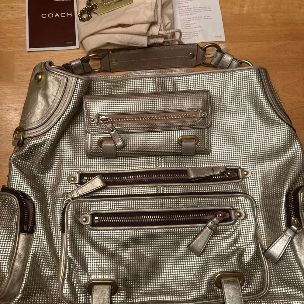 Coach gold Metallic premium leather hobo XL bag+matching wallet excellent cond